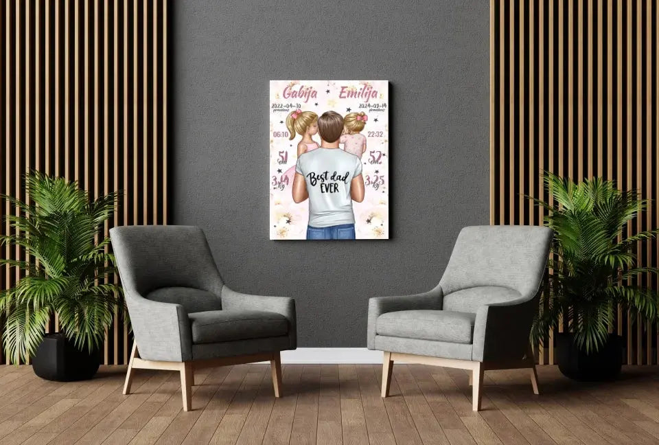 Personalizuota 2 Mergaičiu Gimimo Metrikų Iliustracija ant drobės Drobe - dovanokis.lt