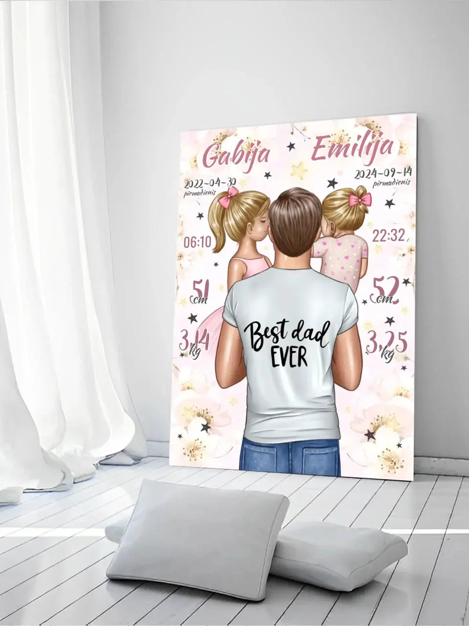 Personalizuota 2 Mergaičiu Gimimo Metrikų Iliustracija ant drobės Drobe - dovanokis.lt