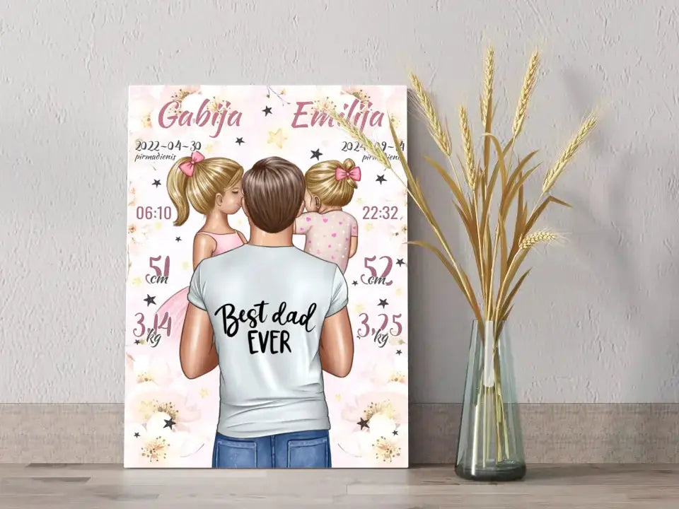 Personalizuota 2 Mergaičiu Gimimo Metrikų Iliustracija ant drobės Drobe - dovanokis.lt