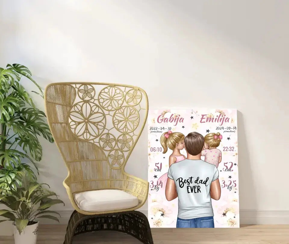 Personalizuota 2 Mergaičiu Gimimo Metrikų Iliustracija ant drobės Drobe - dovanokis.lt