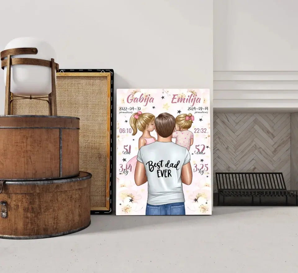 Personalizuota 2 Mergaičiu Gimimo Metrikų Iliustracija ant drobės Drobe - dovanokis.lt