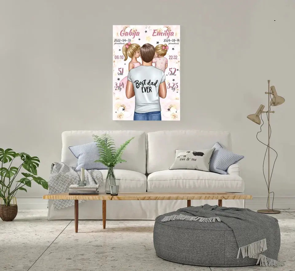 Personalizuota 2 Mergaičiu Gimimo Metrikų Iliustracija ant drobės Drobe - dovanokis.lt