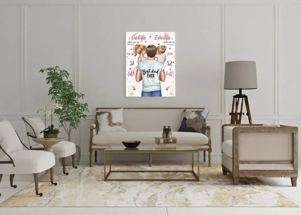 Personalizuota 2 Mergaičiu Gimimo Metrikų Iliustracija ant drobės Drobe - dovanokis.lt