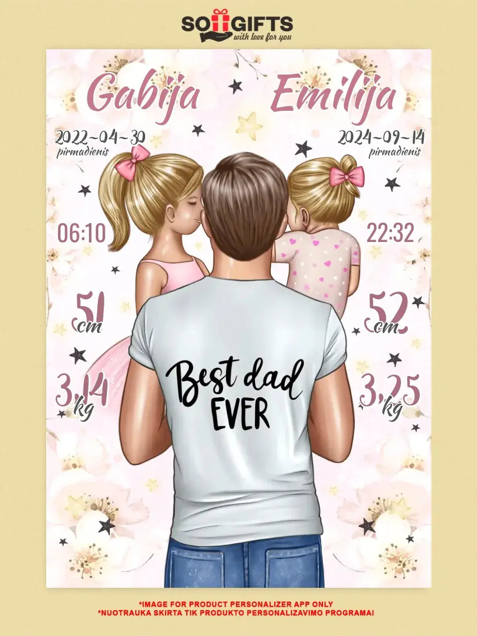 Personalizuota 2 Mergaičiu Gimimo Metrikų Iliustracija ant drobės Drobe - dovanokis.lt