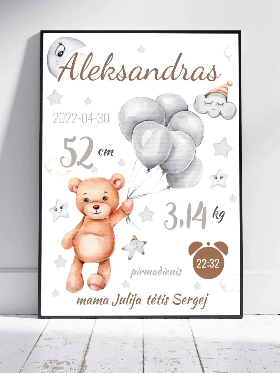 Personalizuota Vaiko Gimimo Metrikų Iliustracija, plakatas su rėmeliu Customizer - dovanokis.lt