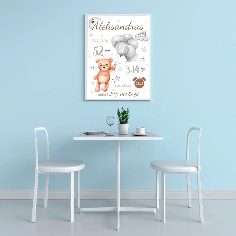Personalizuota Vaiko Gimimo Metrikų Iliustracija, plakatas su rėmeliu Customizer - dovanokis.lt