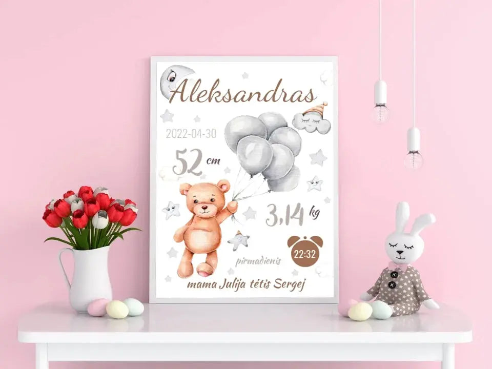 Personalizuota Vaiko Gimimo Metrikų Iliustracija, plakatas su rėmeliu Customizer - dovanokis.lt