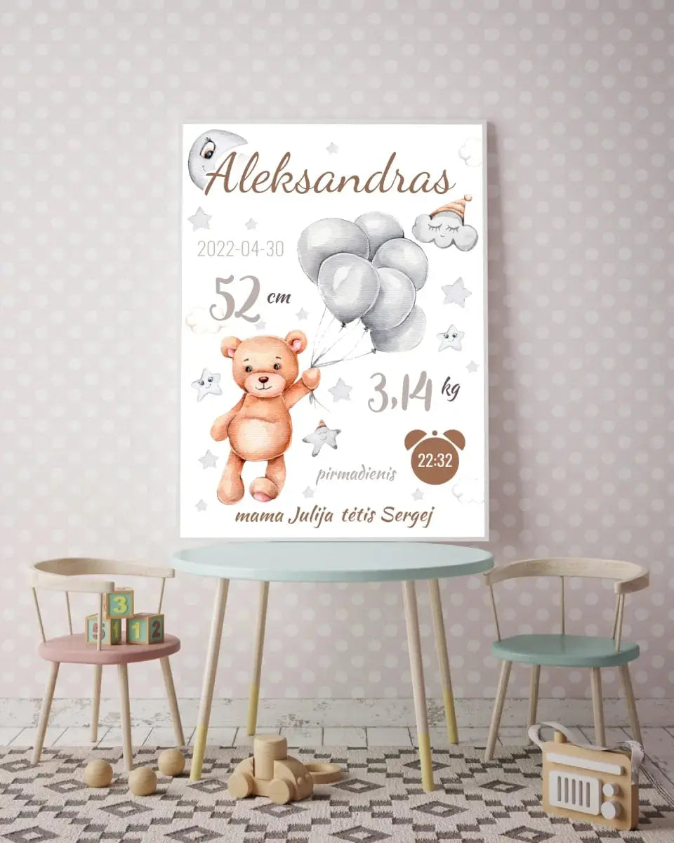 Personalizuota Vaiko Gimimo Metrikų Iliustracija, plakatas su rėmeliu Customizer - dovanokis.lt