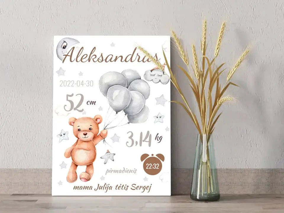Personalizuota Vaiko Gimimo Metrikų Iliustracija ant drobės Drobe - dovanokis.lt