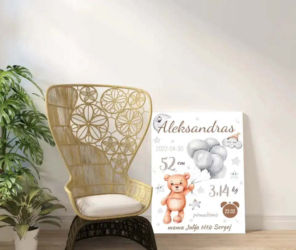 Personalizuota Vaiko Gimimo Metrikų Iliustracija ant drobės Drobe - dovanokis.lt