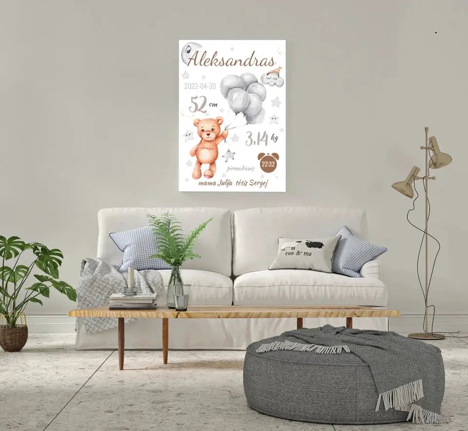 Personalizuota Vaiko Gimimo Metrikų Iliustracija ant drobės Drobe - dovanokis.lt