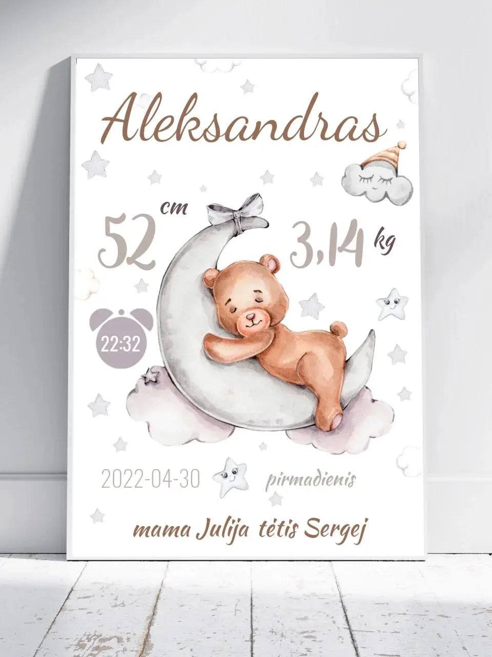 Personalizuota Vaiko Gimimo Metrikų Iliustracija, plakatas su rėmeliu Customizer - dovanokis.lt