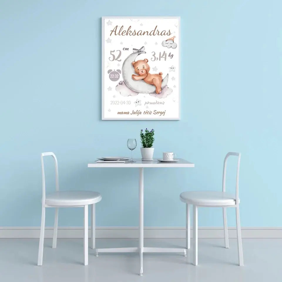 Personalizuota Vaiko Gimimo Metrikų Iliustracija, plakatas su rėmeliu Customizer - dovanokis.lt