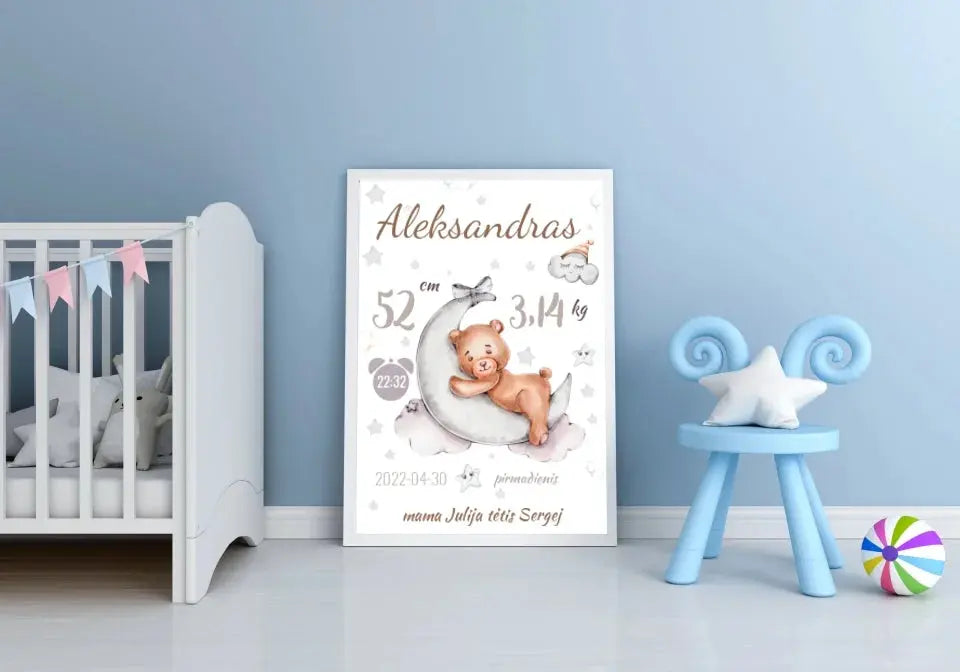 Personalizuota Vaiko Gimimo Metrikų Iliustracija, plakatas su rėmeliu Customizer - dovanokis.lt