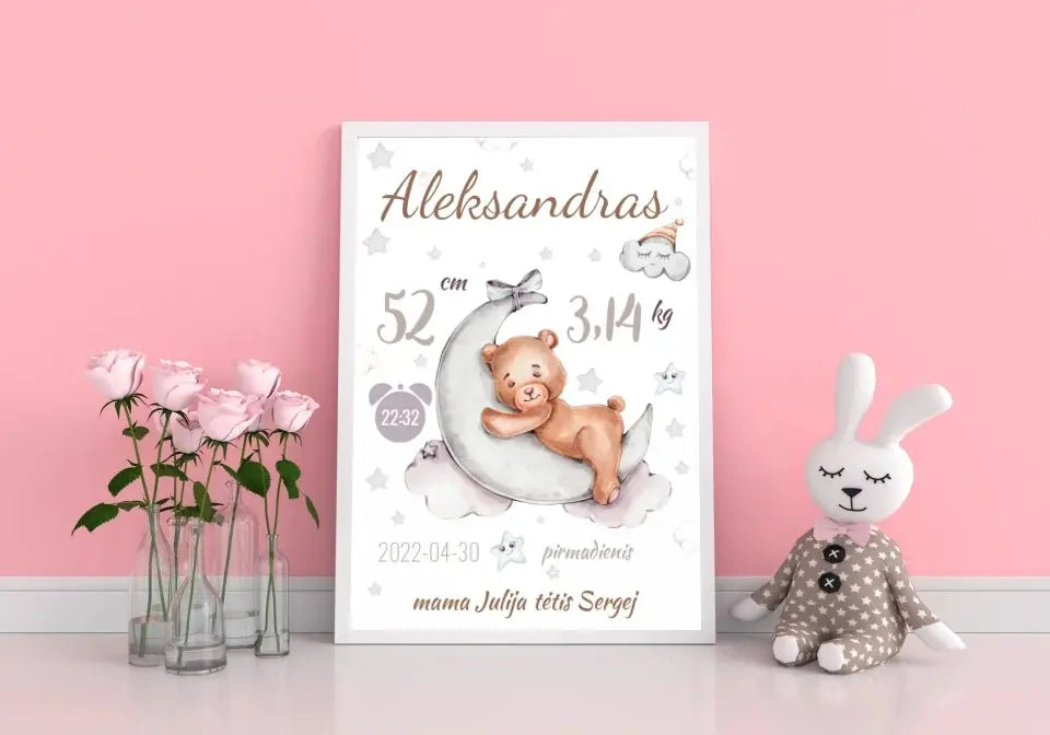 Personalizuota Vaiko Gimimo Metrikų Iliustracija, plakatas su rėmeliu Customizer - dovanokis.lt