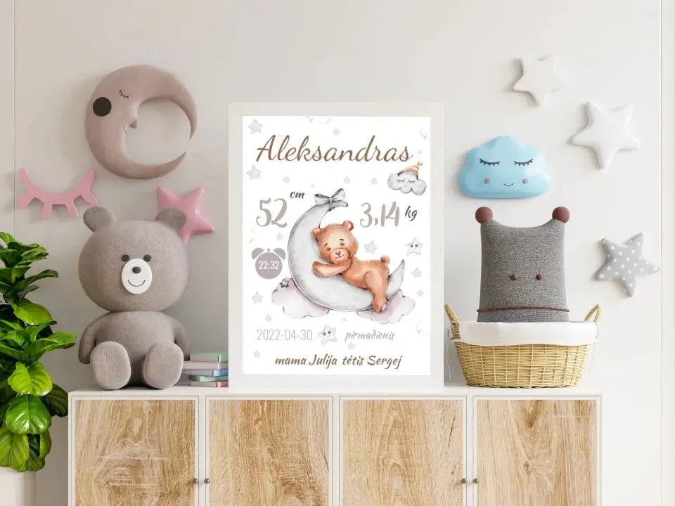 Personalizuota Vaiko Gimimo Metrikų Iliustracija, plakatas su rėmeliu Customizer - dovanokis.lt