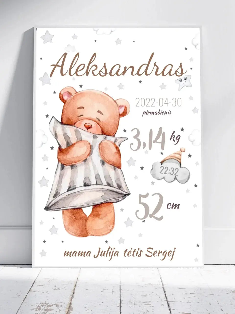 Personalizuota Vaiko Gimimo Metrikų Iliustracija, plakatas su rėmeliu Customizer - dovanokis.lt