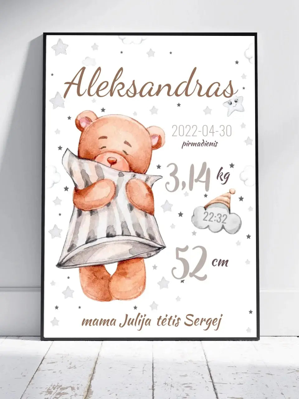 Personalizuota Vaiko Gimimo Metrikų Iliustracija, plakatas su rėmeliu Customizer - dovanokis.lt