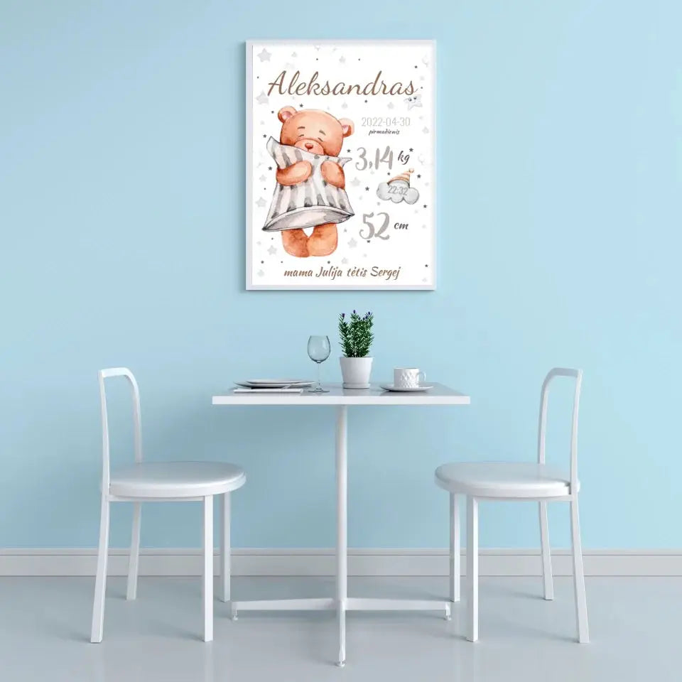 Personalizuota Vaiko Gimimo Metrikų Iliustracija, plakatas su rėmeliu Customizer - dovanokis.lt