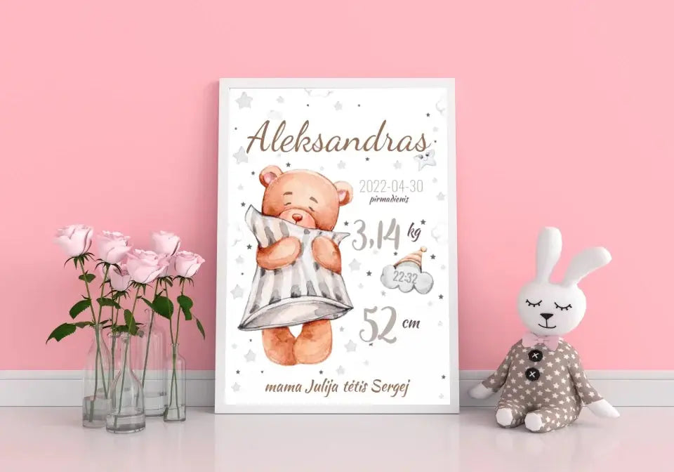 Personalizuota Vaiko Gimimo Metrikų Iliustracija, plakatas su rėmeliu Customizer - dovanokis.lt