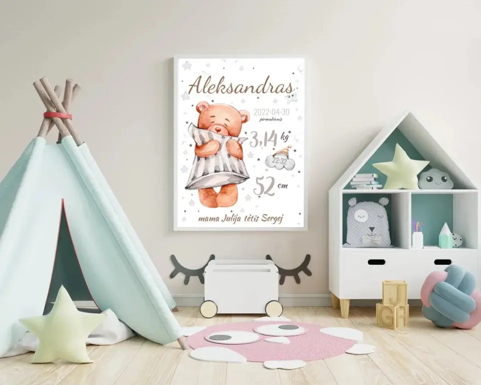 Personalizuota Vaiko Gimimo Metrikų Iliustracija, plakatas su rėmeliu Customizer - dovanokis.lt