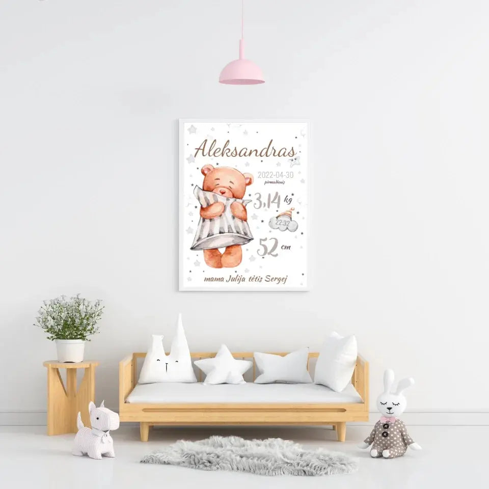 Personalizuota Vaiko Gimimo Metrikų Iliustracija, plakatas su rėmeliu Customizer - dovanokis.lt