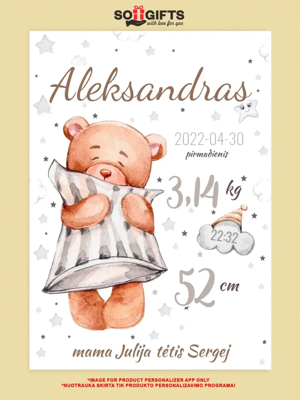 Personalizuota Vaiko Gimimo Metrikų Iliustracija ant drobės Drobe - dovanokis.lt