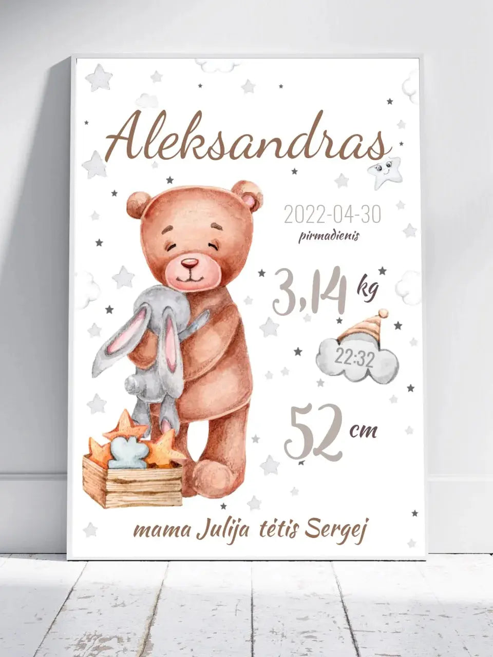 Personalizuota Vaiko Gimimo Metrikų Iliustracija, plakatas su rėmeliu Customizer - dovanokis.lt