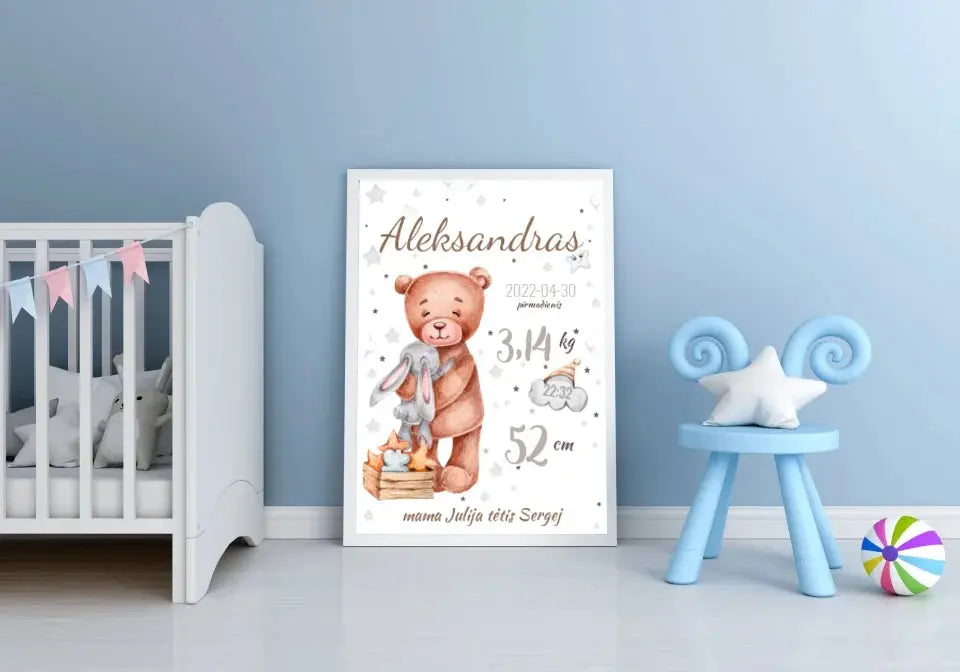 Personalizuota Vaiko Gimimo Metrikų Iliustracija, plakatas su rėmeliu Customizer - dovanokis.lt