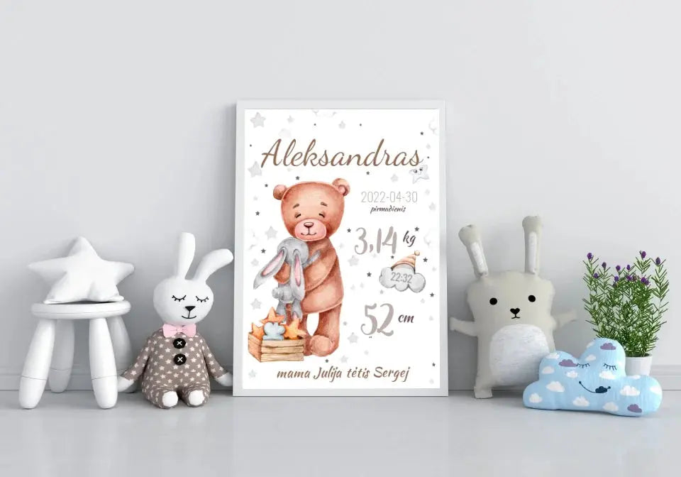 Personalizuota Vaiko Gimimo Metrikų Iliustracija, plakatas su rėmeliu Customizer - dovanokis.lt
