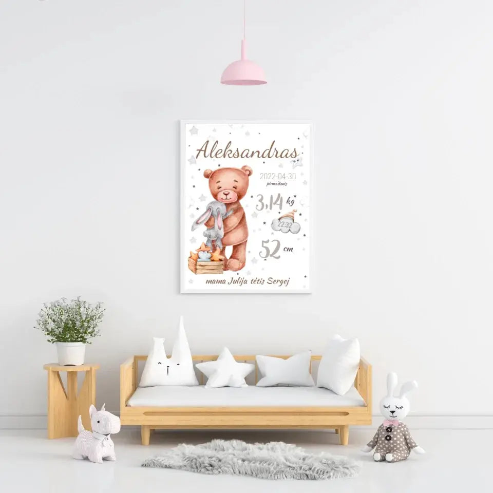 Personalizuota Vaiko Gimimo Metrikų Iliustracija, plakatas su rėmeliu Customizer - dovanokis.lt