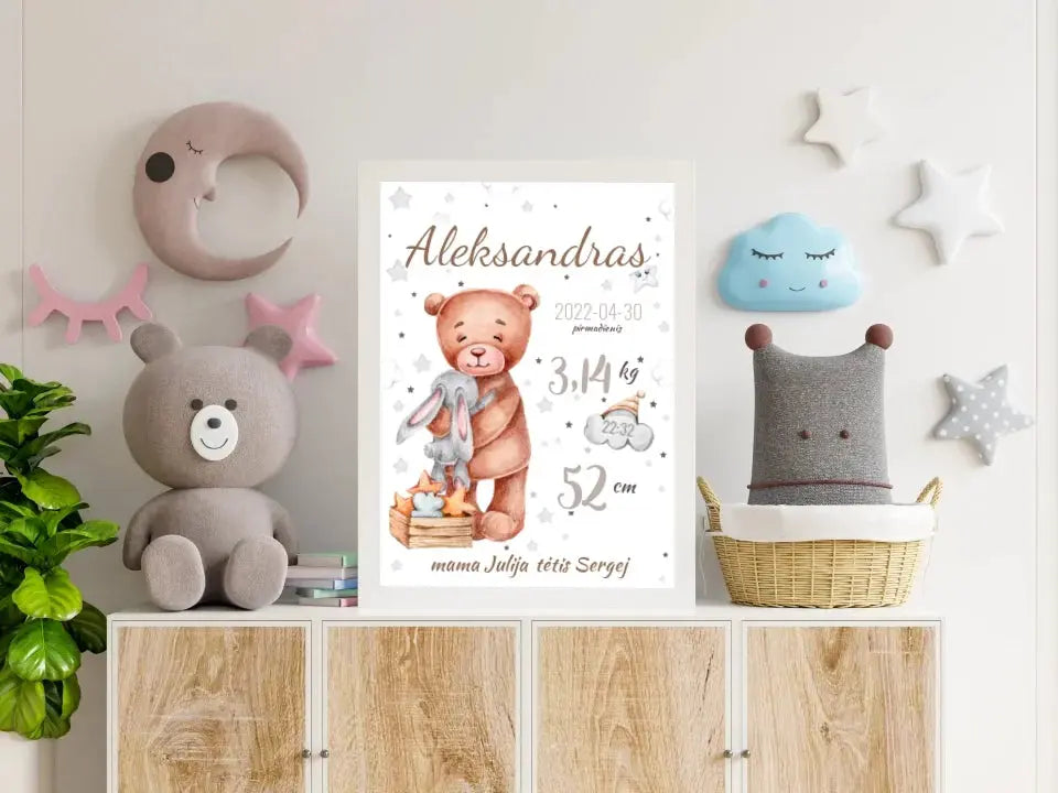 Personalizuota Vaiko Gimimo Metrikų Iliustracija, plakatas su rėmeliu Customizer - dovanokis.lt