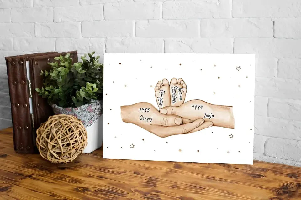 Personalizuota iliustracija ant drobės su šeimos narių rankomis, 1-3 vaikai Drobe - dovanokis.lt