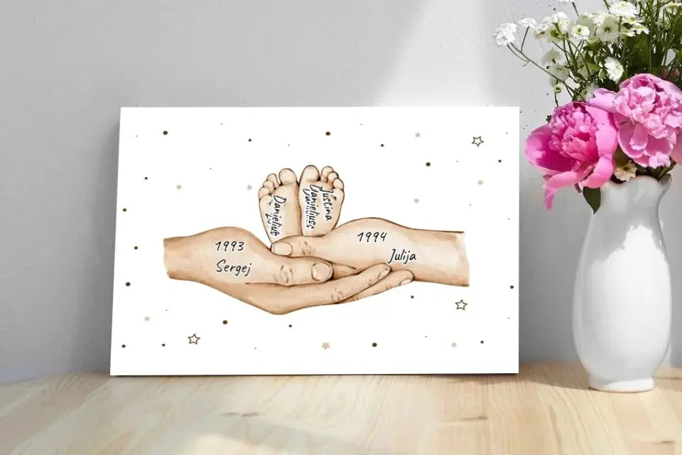Personalizuota iliustracija ant drobės su šeimos narių rankomis, 1-3 vaikai Drobe - dovanokis.lt