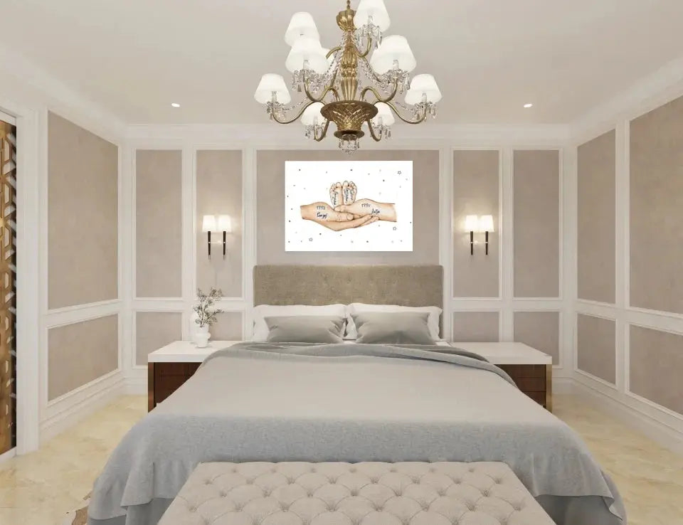 Personalizuota iliustracija ant drobės su šeimos narių rankomis, 1-3 vaikai Drobe - dovanokis.lt