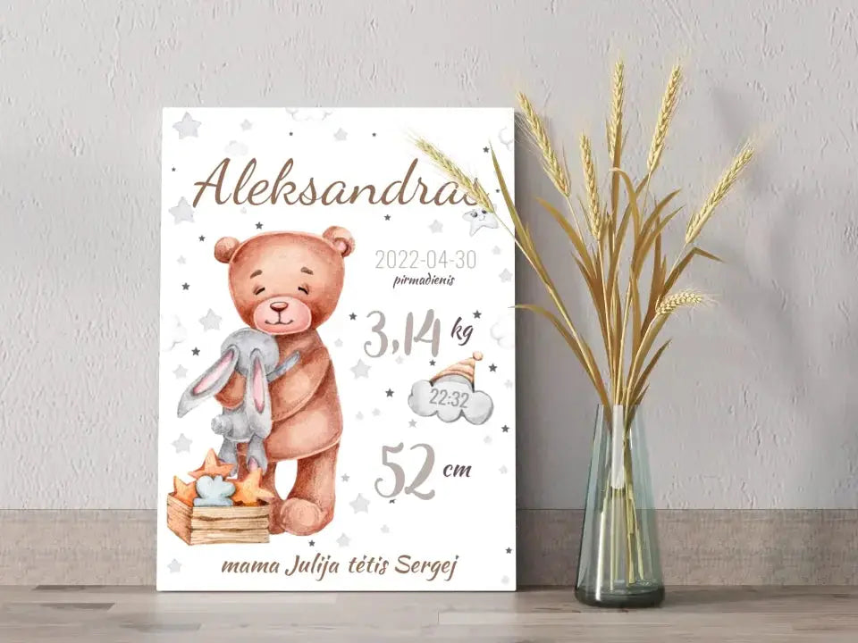 Personalizuota Vaiko Gimimo Metrikų Iliustracija ant drobės Drobe - dovanokis.lt