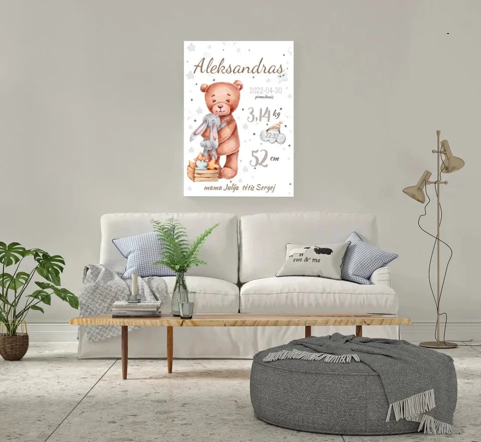 Personalizuota Vaiko Gimimo Metrikų Iliustracija ant drobės Drobe - dovanokis.lt