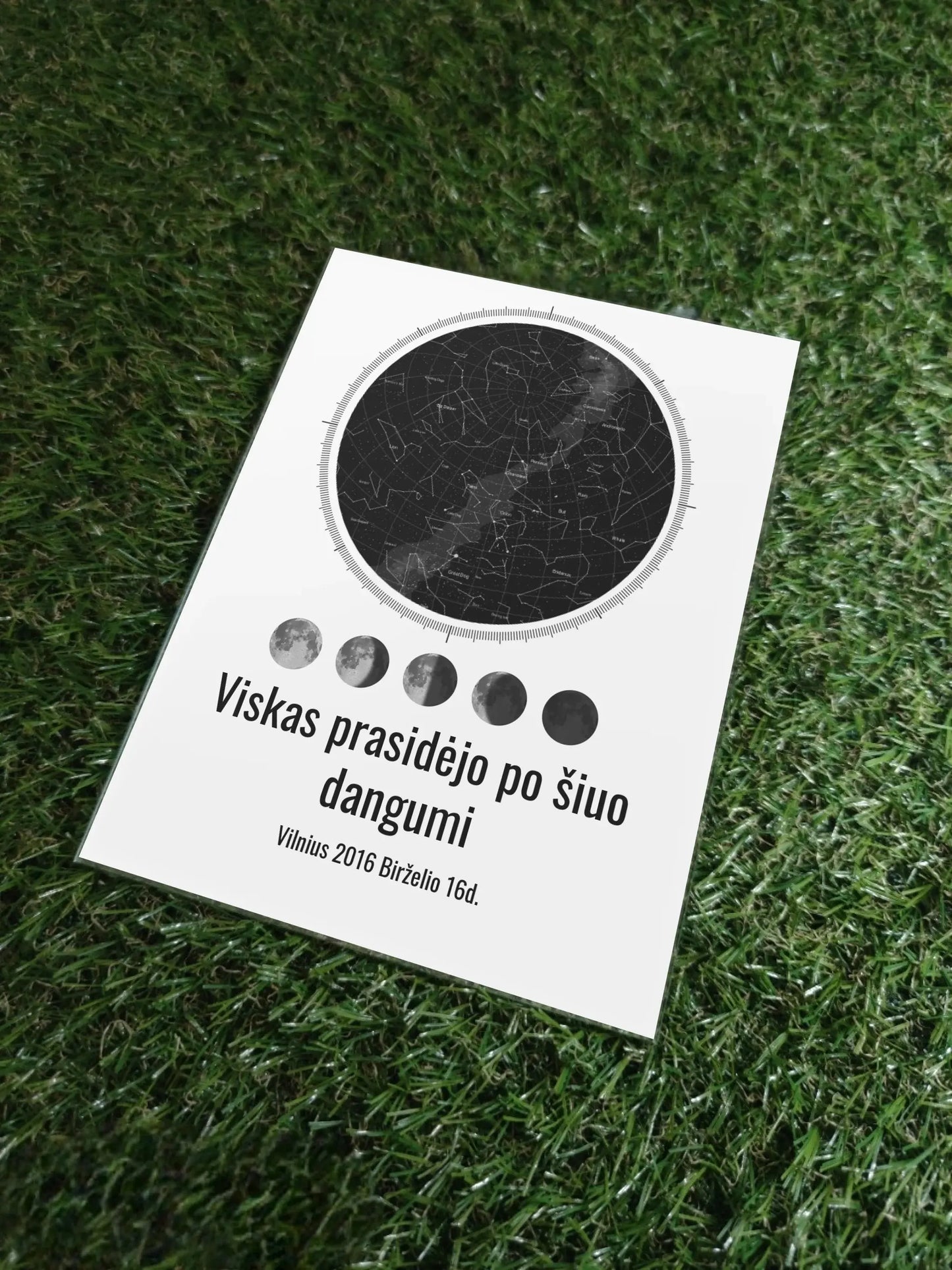 Personalizuotas žvaigždžių žemėlapis, stiklinis posteris, su mėnulio fazėmis ir kompasu Stiklas - dovanokis.lt