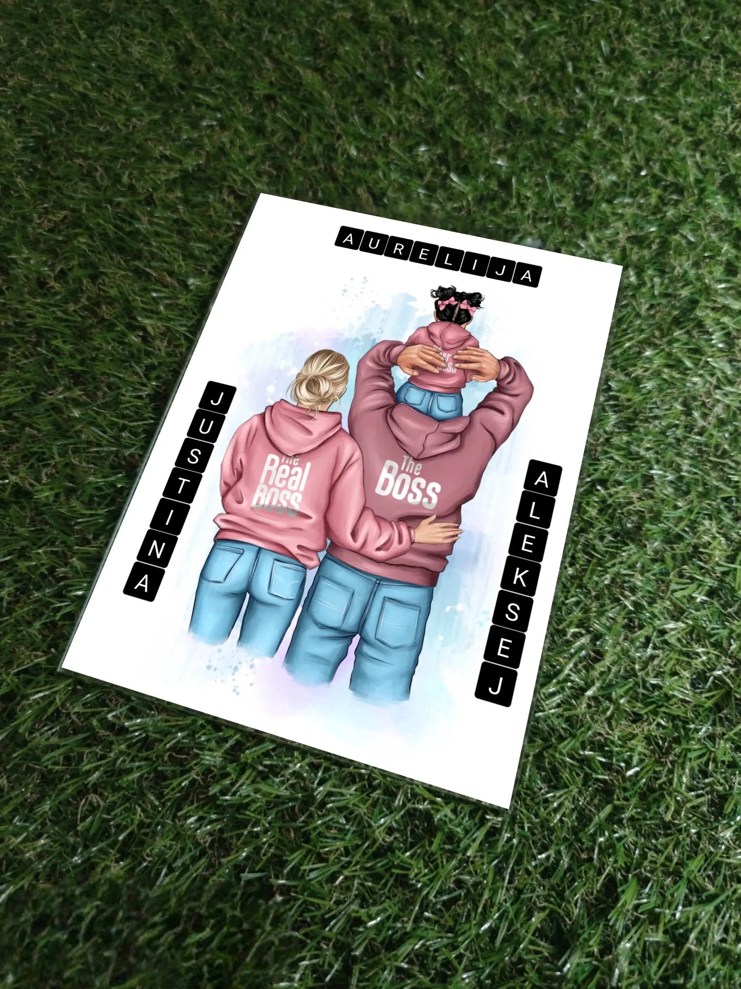 Personalizuotas "Tikra boso šeima" iliustracija su vaiku ant stiklo Stiklas - dovanokis.lt