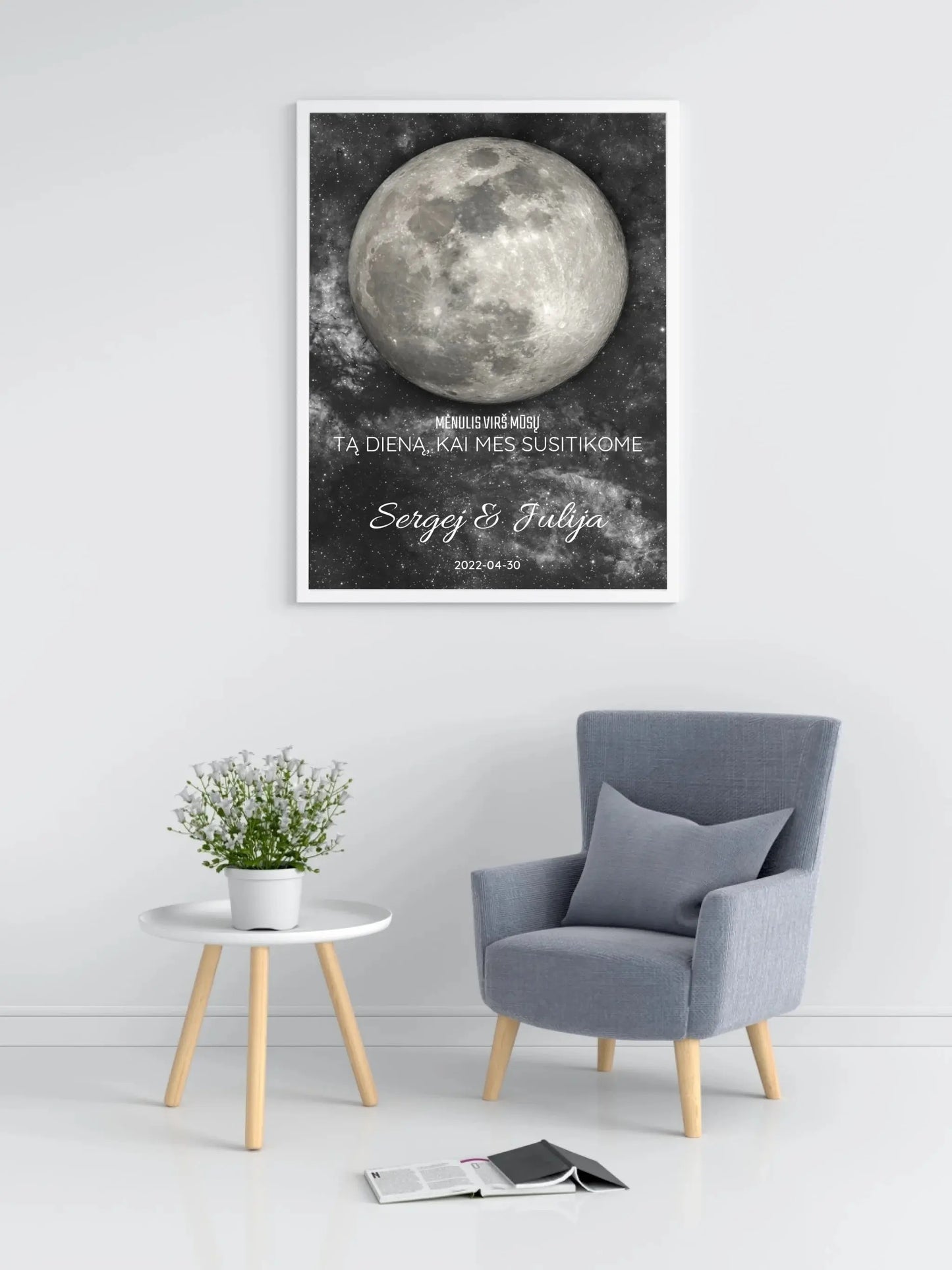 Personalizuotas mėnulio fazės plakatas, pritaikytas pagal datą ir vietą MNFZ-001 Customizer - dovanokis.lt
