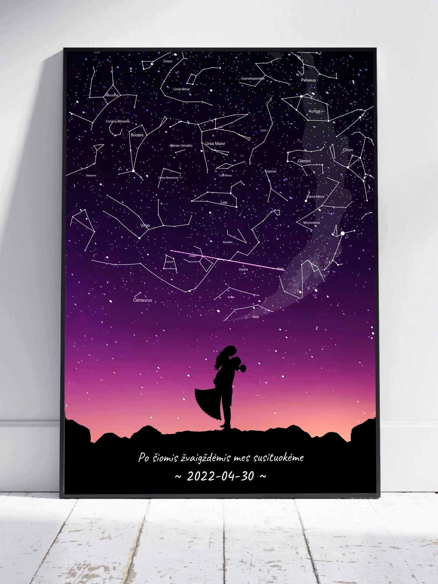 Personalizuotas viso spektro žvaigždžių žemėlapis, plakatas su rėmeliu, su Vestuvių dienos pasirinktu siluetu Poster - dovanokis.lt