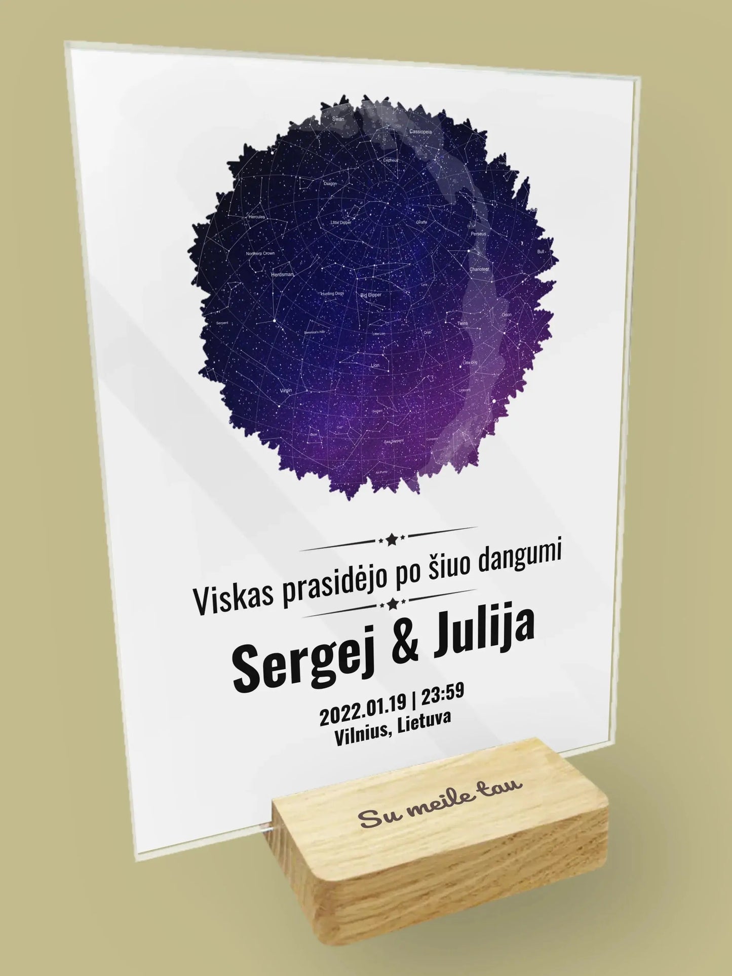 Personalizuotas žvaigždžių žemėlapis, stiklinis posteris, su formos pasirinkimu ir dangaus fonu Stiklas - dovanokis.lt