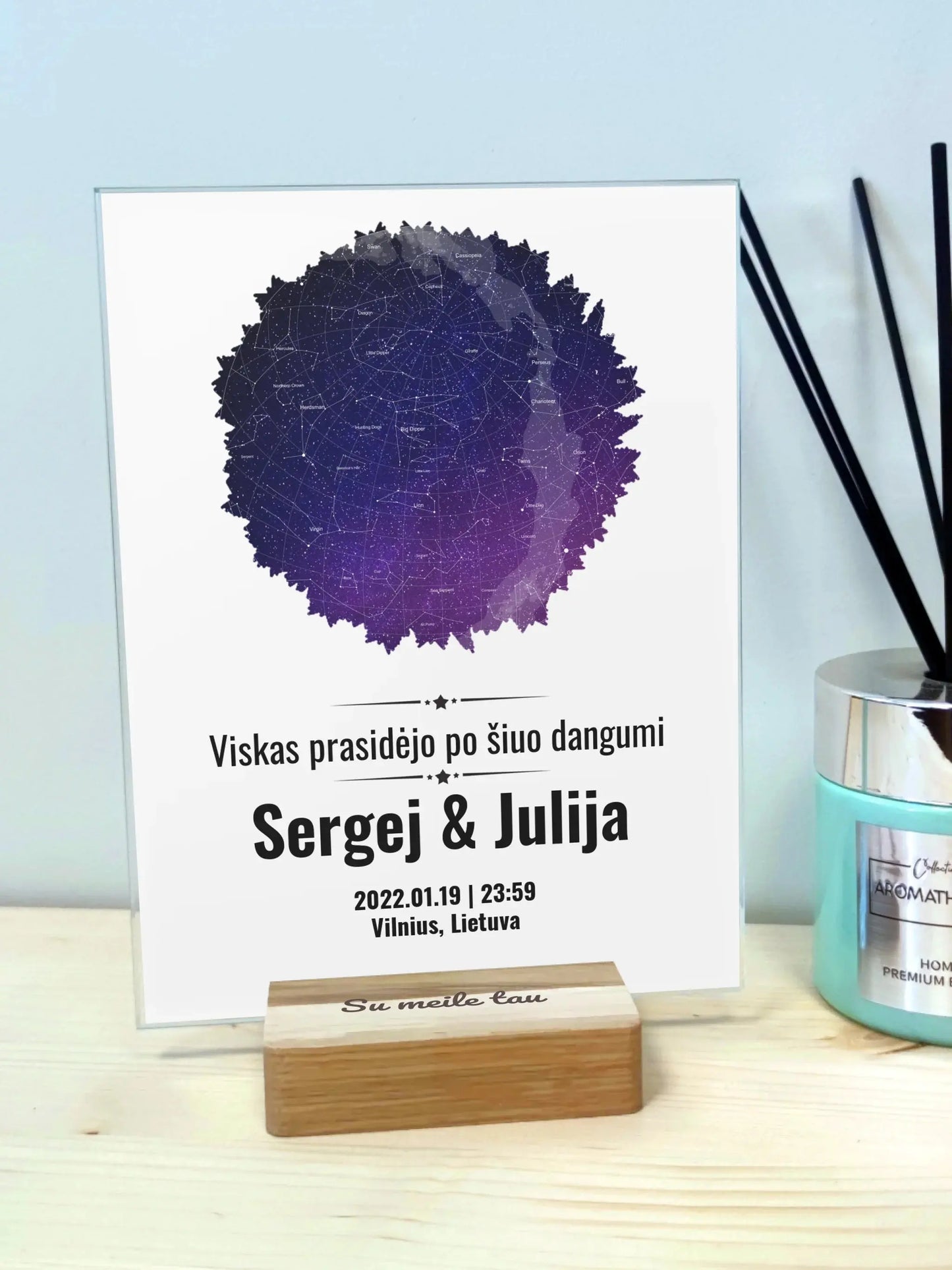 Personalizuotas žvaigždžių žemėlapis, stiklinis posteris, su formos pasirinkimu ir dangaus fonu Stiklas - dovanokis.lt