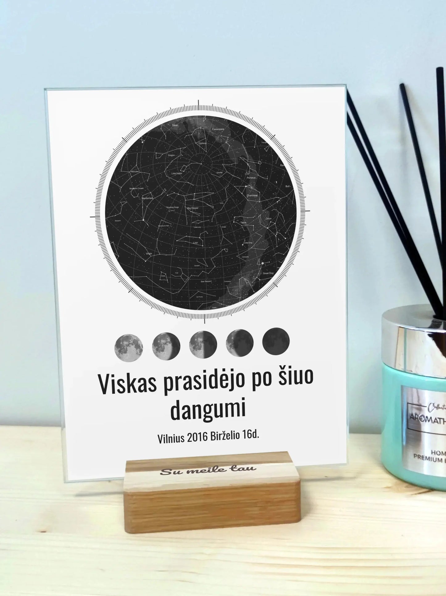 Personalizuotas žvaigždžių žemėlapis, stiklinis posteris, su mėnulio fazėmis ir kompasu Stiklas - dovanokis.lt