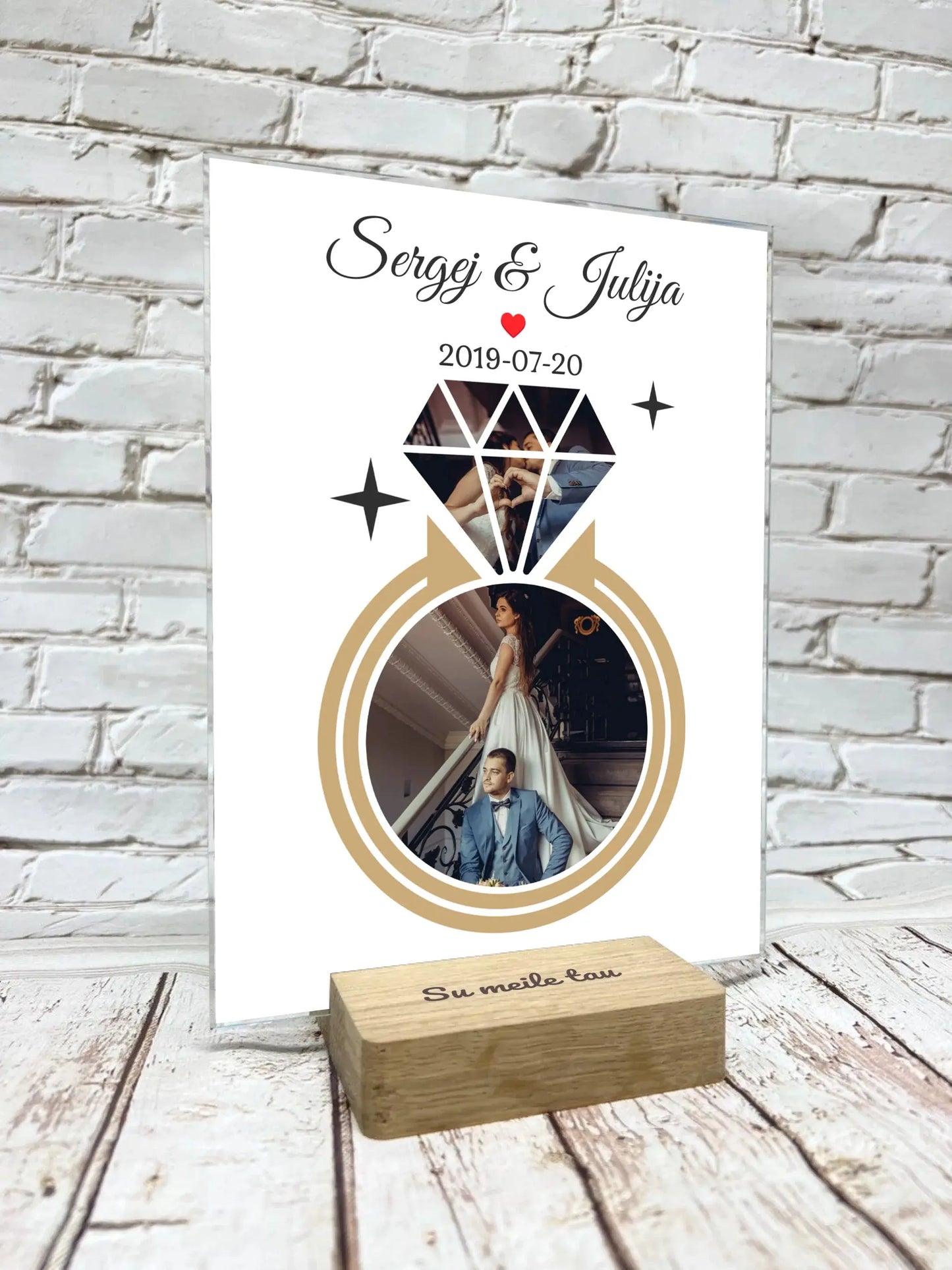 Personalizuotas deimanto formos vestuvių stiklinis posteris su Jūsų nuotraukomis Stiklas - dovanokis.lt