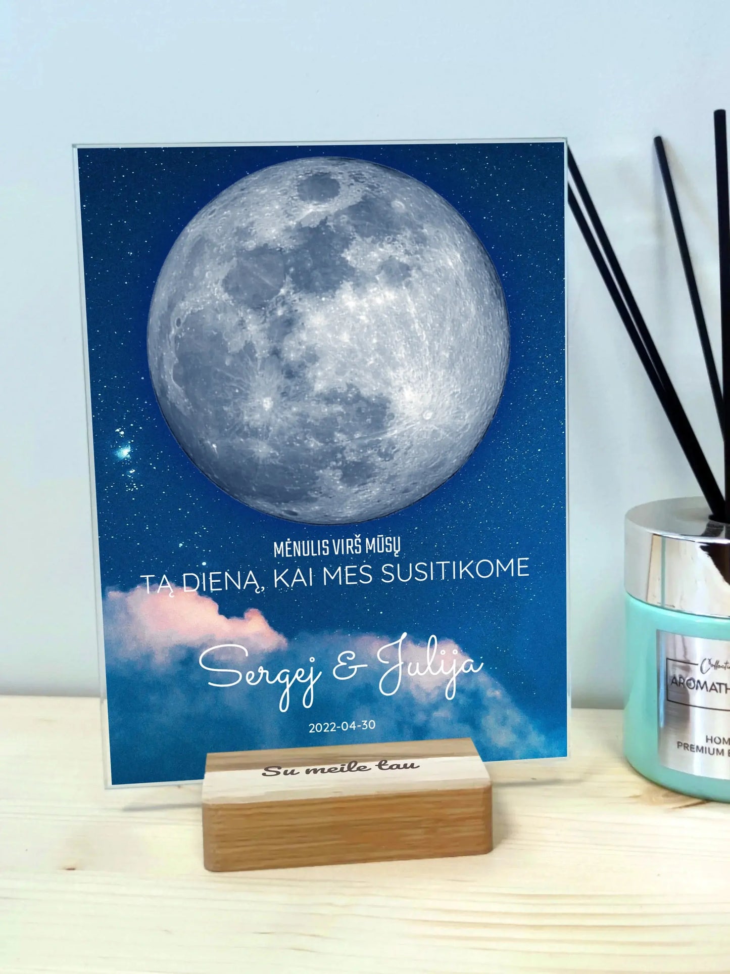 Personalizuotas mėnulio fazės stiklinis posteris, pritaikytas pagal datą ir vietą MNFZ-002 Stiklas - dovanokis.lt