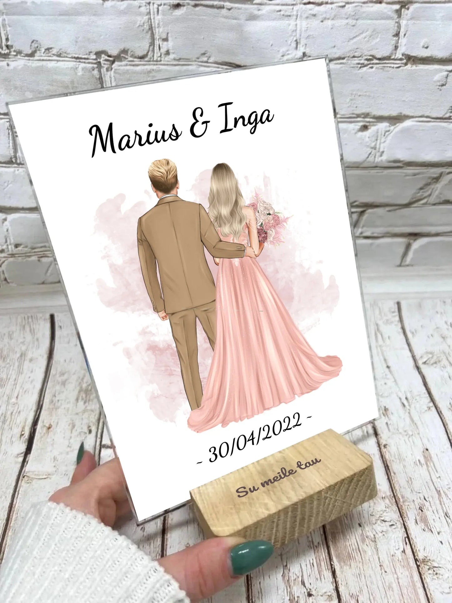 Personalizuotas jaunikio ir nuotakos vestuvių Iliustraciją ant stiklo su jūsų data ir vardais Stiklas - dovanokis.lt