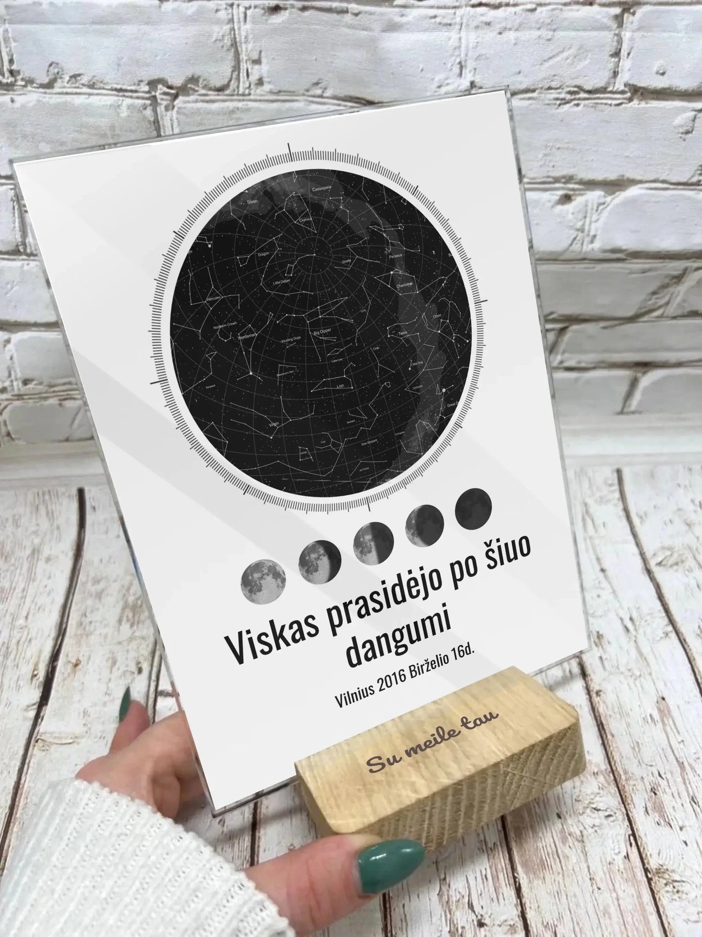 Personalizuotas žvaigždžių žemėlapis, stiklinis posteris, su mėnulio fazėmis ir kompasu Stiklas - dovanokis.lt