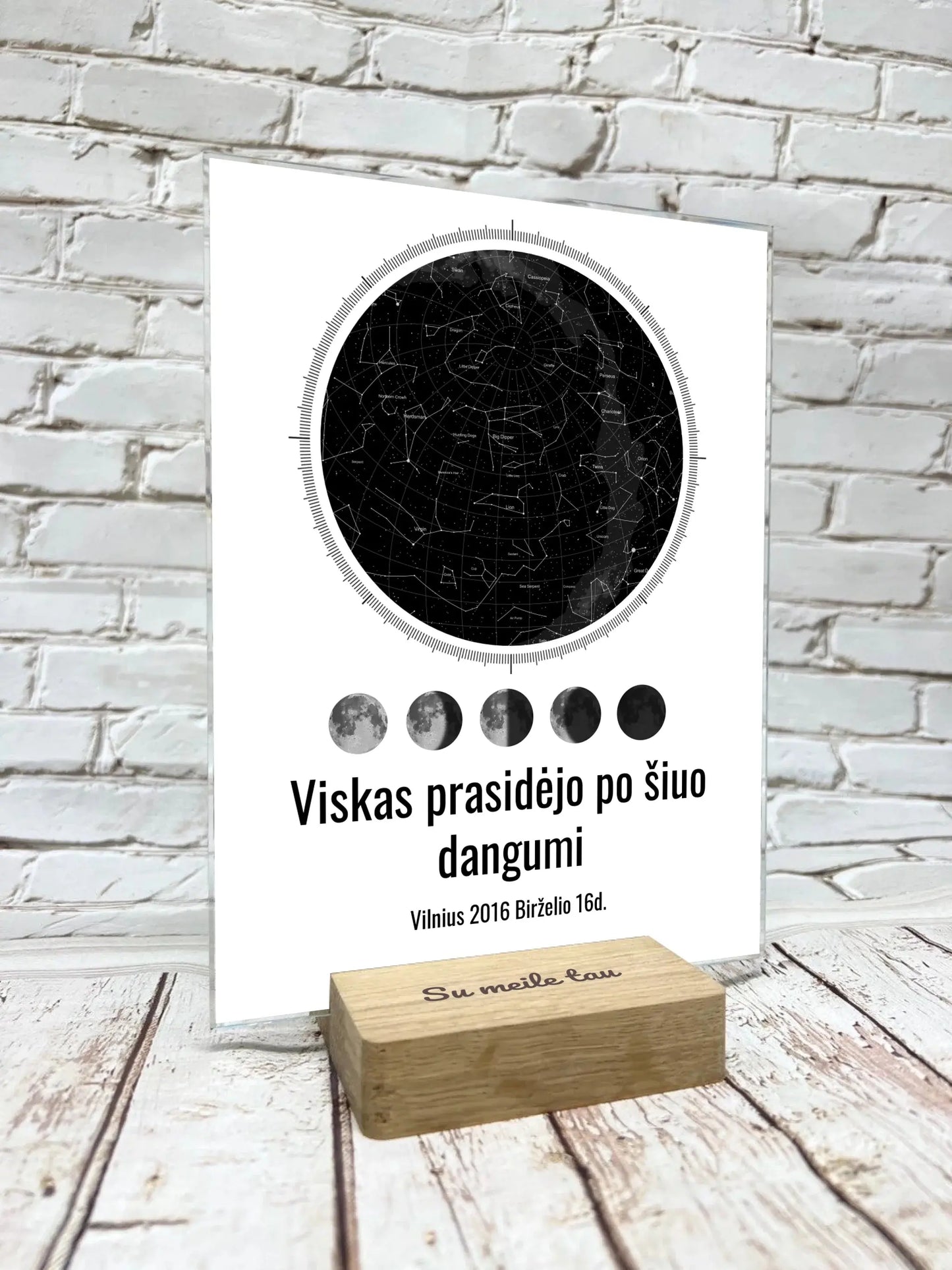 Personalizuotas žvaigždžių žemėlapis, stiklinis posteris, su mėnulio fazėmis ir kompasu Stiklas - dovanokis.lt