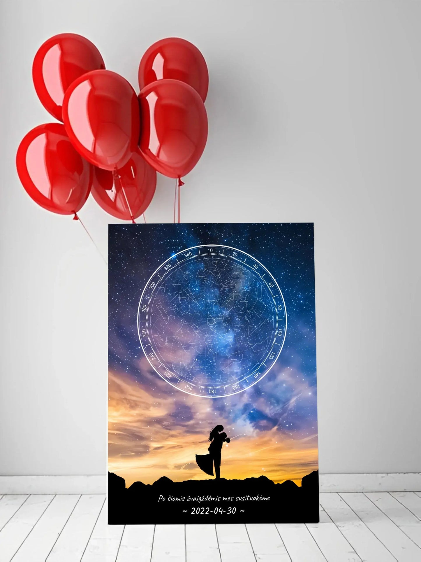 Personalizuotas žvaigždžių žemėlapis ant drobės, su vestuvių dienos pasirinktu siluetu Drobe - dovanokis.lt